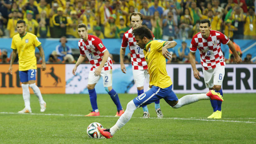 Neymar takes a penalty kick for Brazil against Croatia in the World Cup