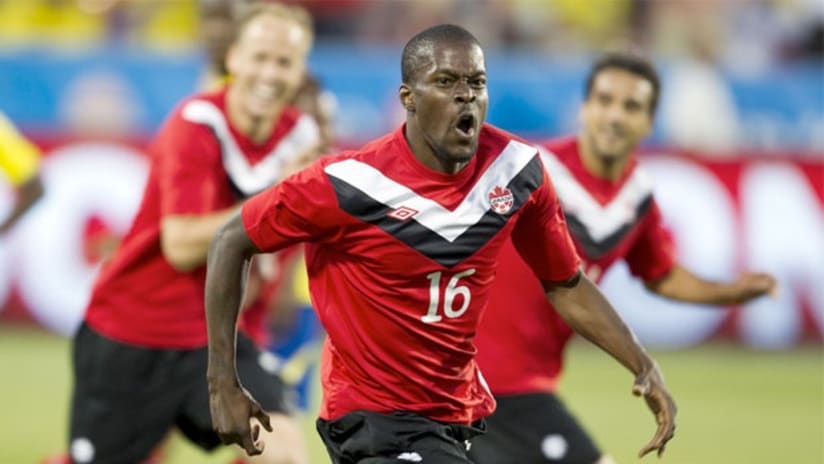 Tosaint Ricketts celebrates his stoppage-time equalizer vs. Ecuador.