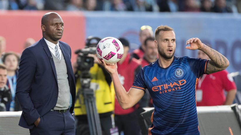 Patrick Vieira of NYCFC watches Frederic Brillant take a throw-in