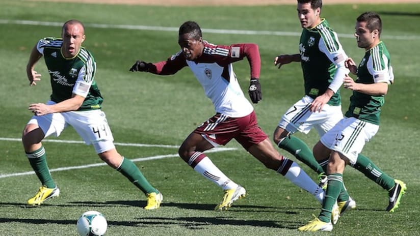 Rapids rookie Deshorn Brown takes on the Timbers in a preseason game