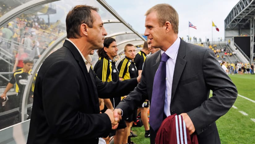 Robert Warzycha (left) and the Crew face off against Gary Smith and the Rapids on Thursday night at Dick's Sporting Goods Park.