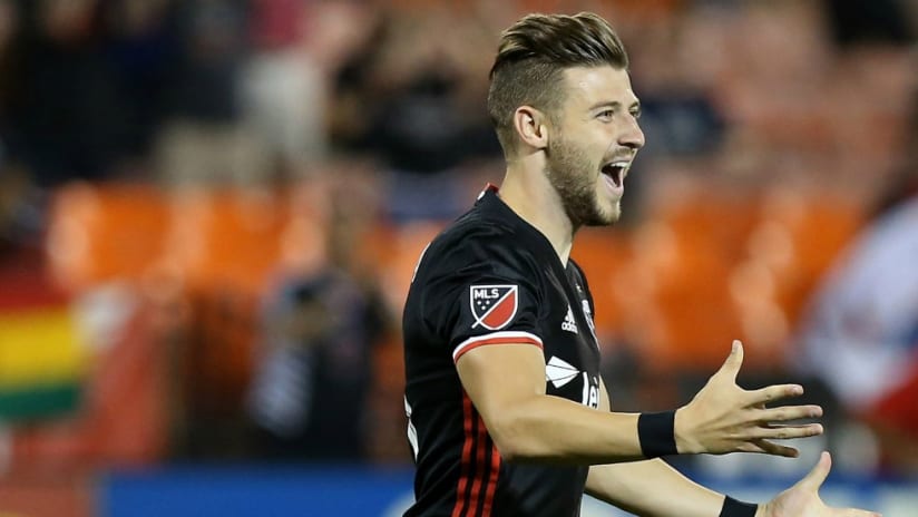 Paul Arriola - D.C. United - runs full of joy after seeing the ball hit the back of the net