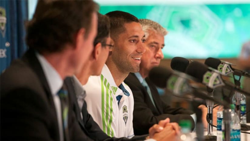 Clint Dempsey and Sigi Schmid at a Sounders press conference
