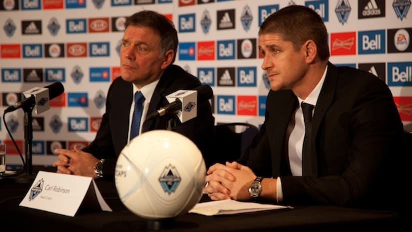 Carl Robinson is introduced as the new Vancouver Whitecaps head coach with Bob Lenarduzzi