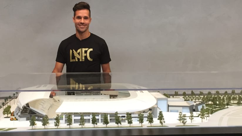 Benny Feilhaber - LAFC - standing in front of miniature stadium