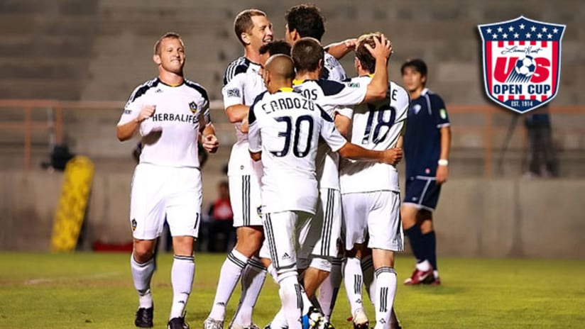 The Galaxy celebrate Mike Magee's goal vs. the LA Blues.