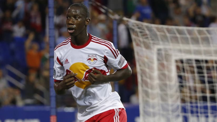 Bradley Wright-Phillips of the New York Red Bulls celebrates his record-breaking 20th goal