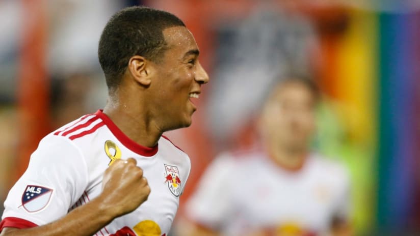 Tyler Adams - New York Red Bulls - celebrates and smiles after scoring