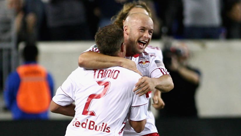 Luke Rodgers and the Red Bulls celebrate a win over the LA Galaxy