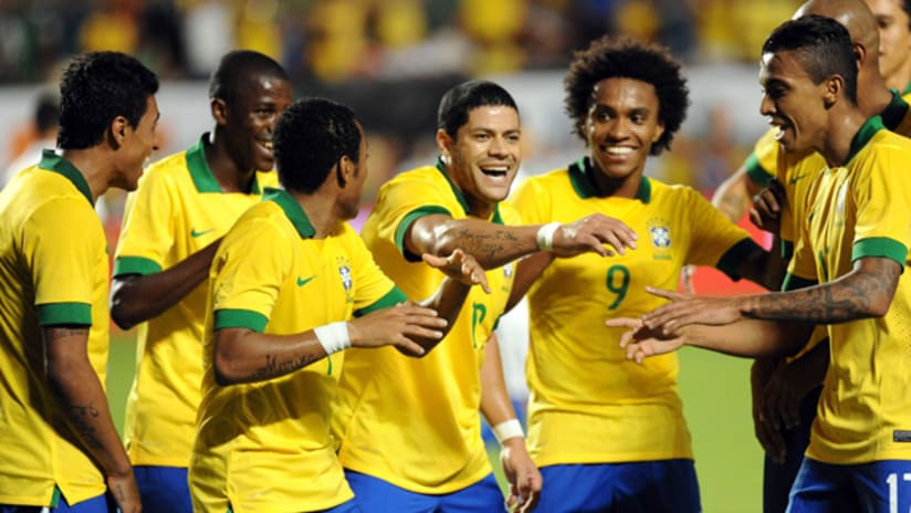 Brazil celebrate Hulk's goal