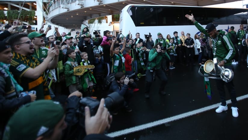 Fanendo Adi celebrates with MLS Cup at the Portland Airport - Portland Timbers - Celebration