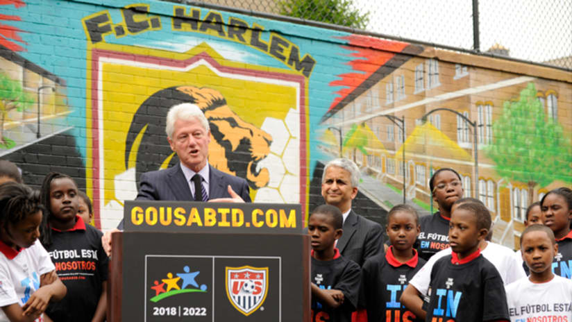 Former president Bill Clinton spoke in Harlem, New York, on Monday.