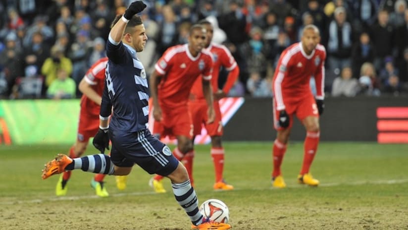 Dom Dwyer takes a penalty for Sporting KC against San Jose