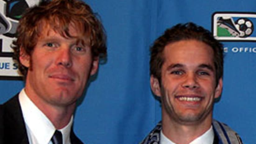 GM Alexi Lalas and Kevin Goldthwaite after the Quakes drafted the former Irish star.