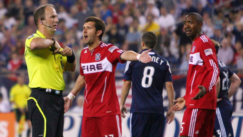 Gonzalo Segares of the Chicago Fire argues a yellow card call in his match against the New England Revolution.