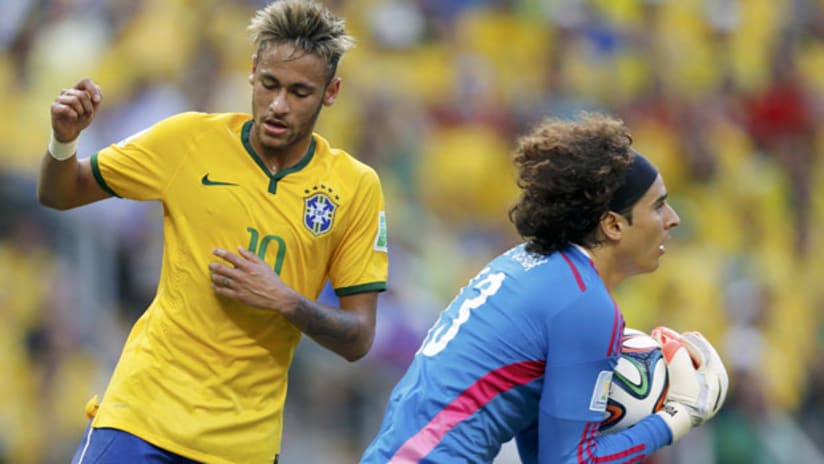Brazil's Neymar is sad that Mexico's Guillermo Ochoa made a save on him