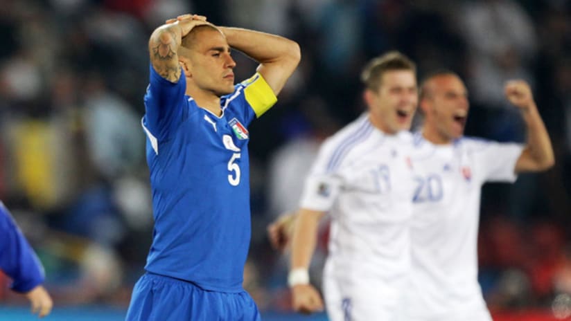 The despair of Italian captain Fabio Cannavaro after suffering elimination to Slovakia on Thursday