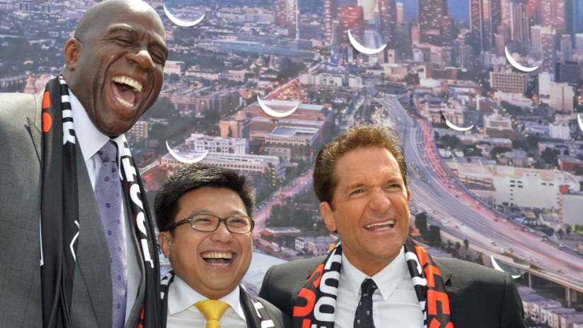 LAFC owners - Magic Johnson, Henry Nguyen, Peter Guber - May 18, 2015