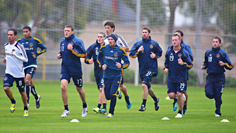 David Beckham leads his Galaxy teammates in the first day of 2012 preseason training camp