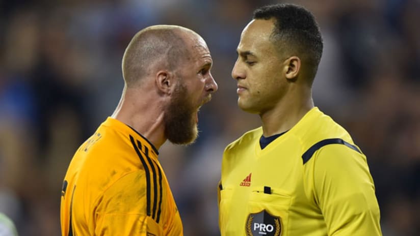 Seattle Sounders FC goal keeper Stefan Frei argues with referee Ismail Elfath