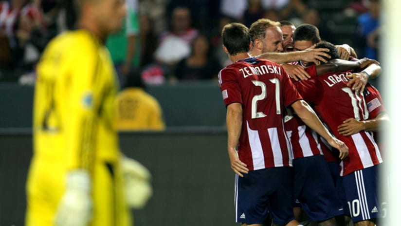Chivas USA celebrate Nick LaBrocca's goal against San Jose.