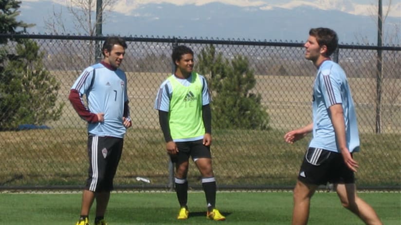 Rapids newcomers Claudio Lopez (left) and Quincy Amarikawa (center) workout on Friday.