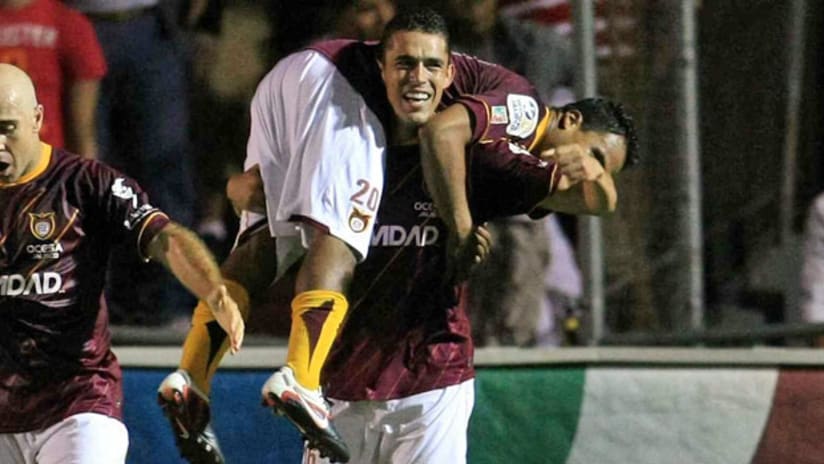 Herculez Gomez celebrates his winning goal for Tecos.