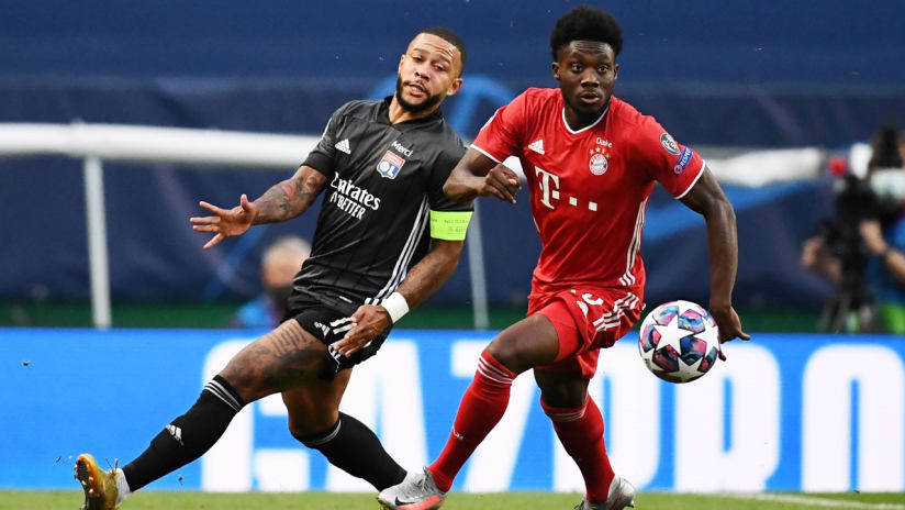 Alphonso Davies - Bayern Munich - takes the ball past Lyon's Memphis Depay - Champions League semifinals 2020
