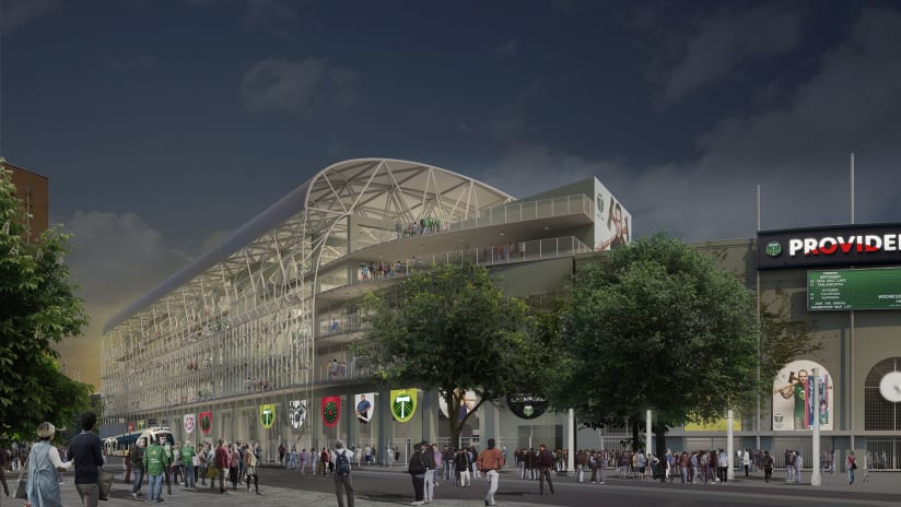 Proposed Providence Park renovation - 18th St SW Exterior Corner view - Portland Timbers