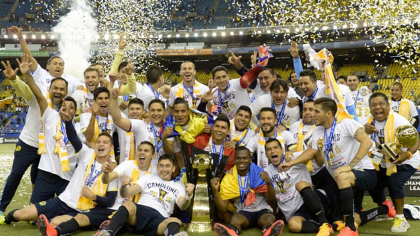 Club America celebrate their 2014-15 CONCACAF Champions League trophy