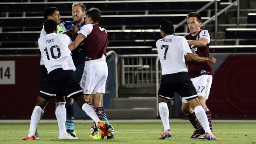The Colorado Rapids and Atlanta Silverbacks fight in their fifth round Open Cup game