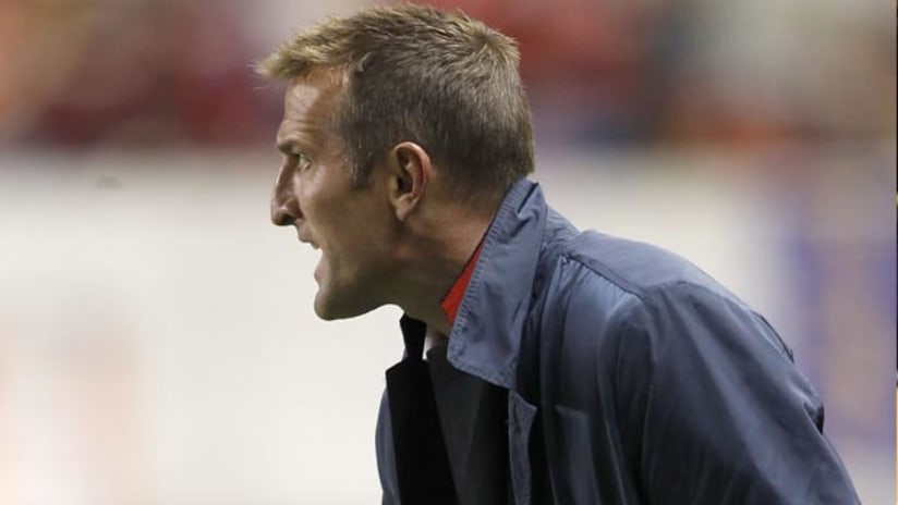 Jason Kreis yells at RSL in their draw with Portland, October 22, 2011.