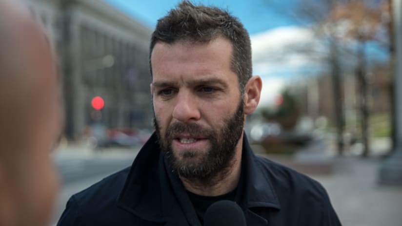 Ben Olsen addresses reporters after D.C. United's plans for a new stadium were approved on Dec. 17, 2014.