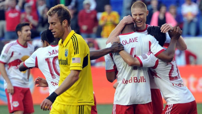 Markus Holgersson and the New York Red Bulls celebrate Jamison Olave's late equalizer