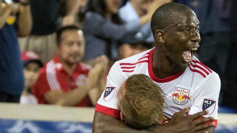 Bradley Wright-Phillips - New York Red Bulls - gets embraced by Daniel Royer after scoring