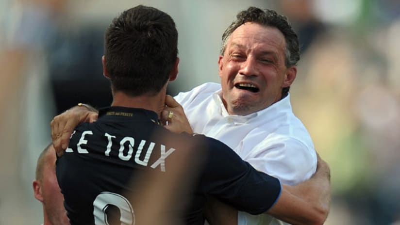 Philadelphia Union manager Peter Nowak (right) celebrates with Sebastien Le Toux during the Union's 2-1 win on Saturday.