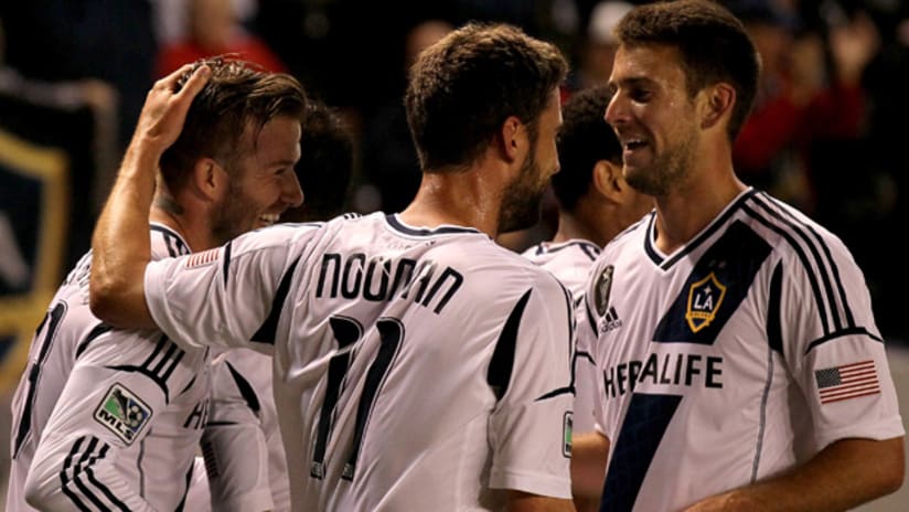LA celebrate win against Portland - David Beckham, Noonan, Meyer