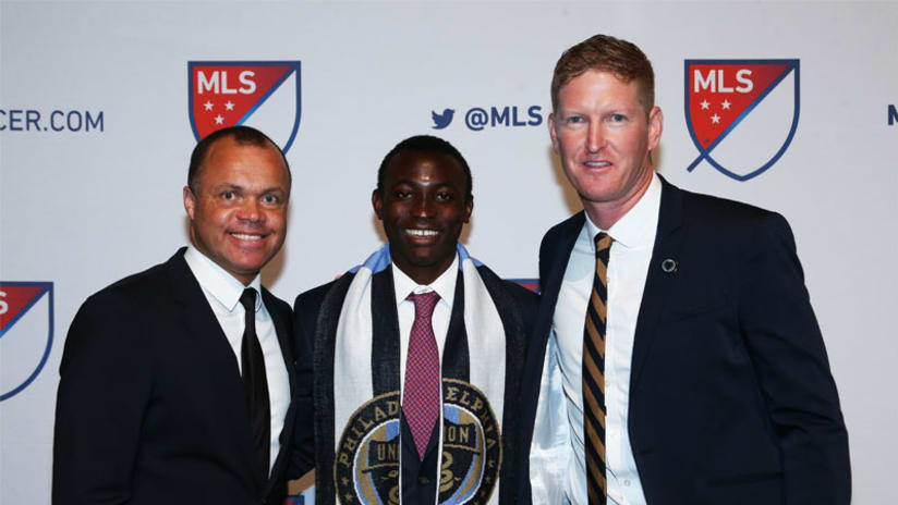 FOR EMBED: Union's Earnie Stewart and Jim Curtin with Josh Yaro