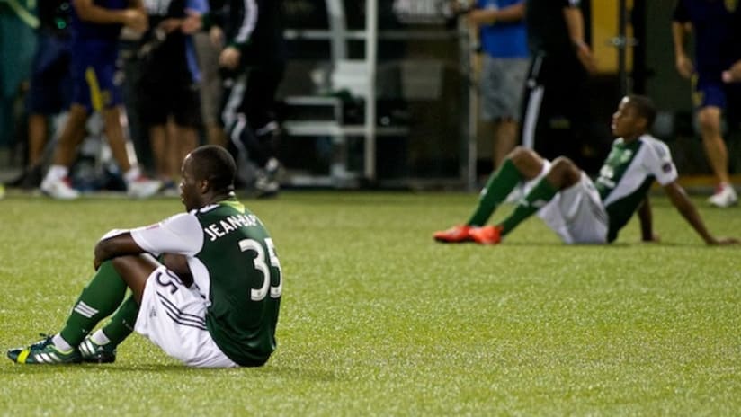 Andrew Jean-Baptiste reacts after the Timbers draw with RSL