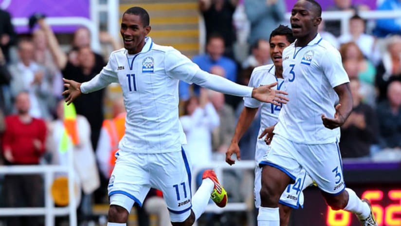 Jerry Bengtson, Honduras, reacts to his goal against Spain in the London Olympics.