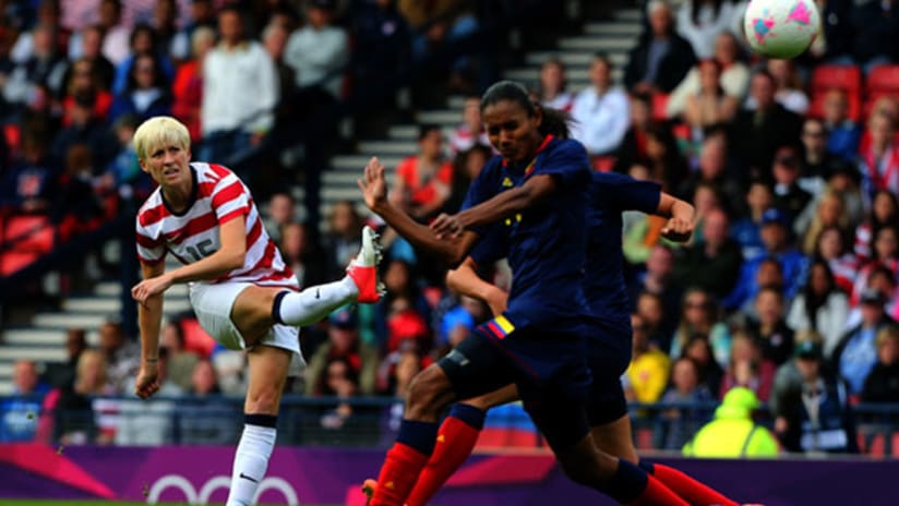 US midfielder Megan Rapinoe lashes a goal past Colombia at the Olympics, July 28, 2012.