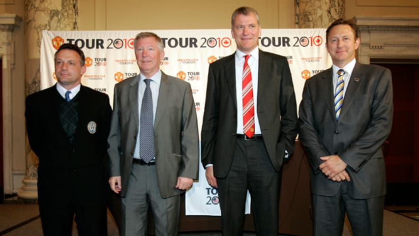 Philadelphia manager Peter Nowak, Manchester United's Alex Ferguson and David Gill, and Philadelphia CEO and Operating Partner Nick Sakiewicz in New York.