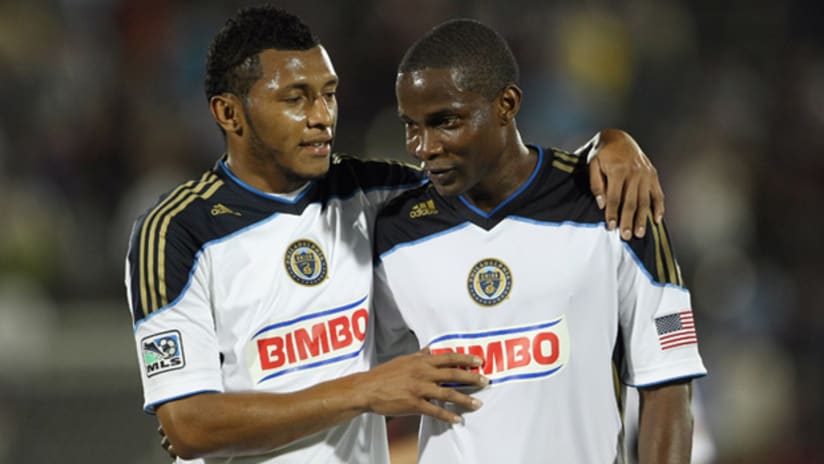 Philadelphia's Danny Mwanga (right) celebrates with Carlos Valdes during the Union's 1-1 draw against Colorado.