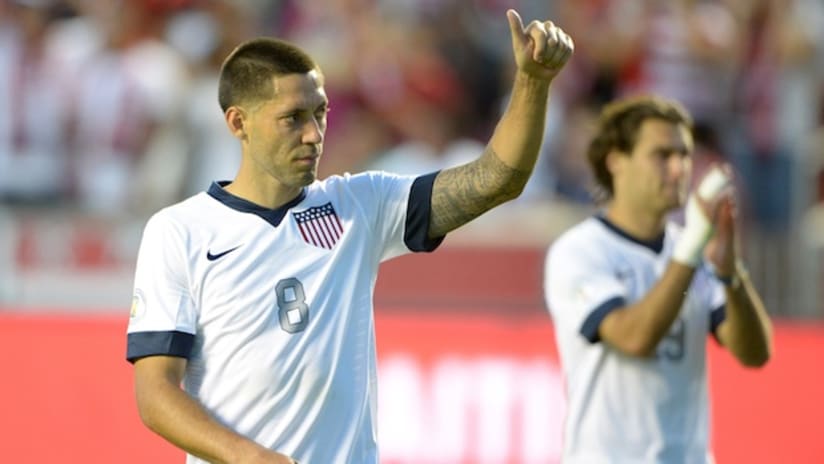 Clint Dempsey gives a thumbs up to USMNT fans