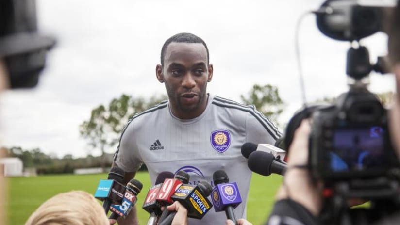 Amobi Okugo answers media questions on Orlando City's first day of training
