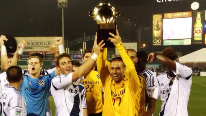 LA Galaxy celebrate beating San Jose for the Central California Cup