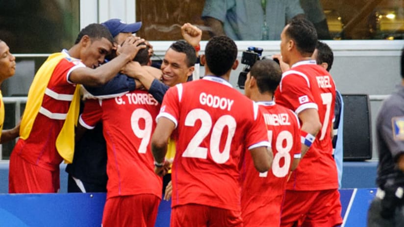 Blas Perez and Panama celebrate their goal against Martinique