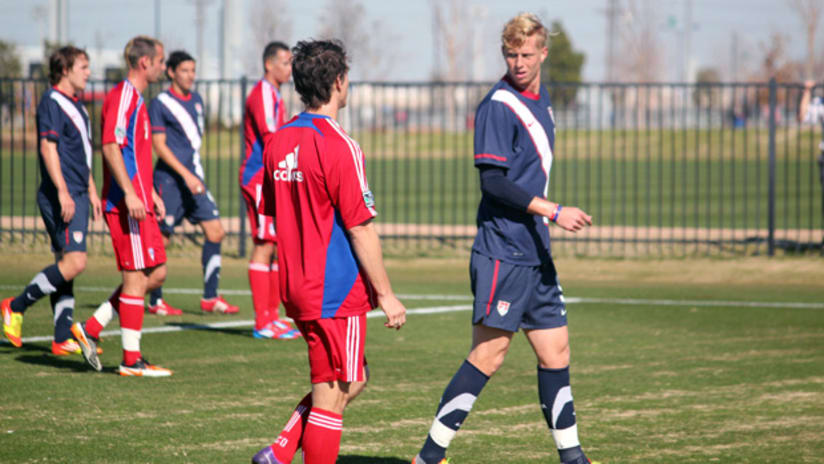 Brek Shea and Zach Loyd stare each other down during the US U-23s vs. FC Dallas scrimmage