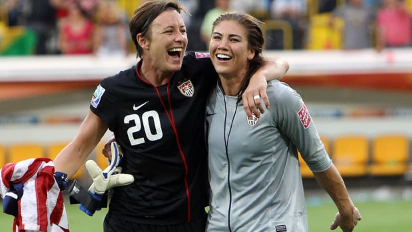 Abby Wambach and Hope Solo celebrate the US women's win over Brazil, July 10, 2011.