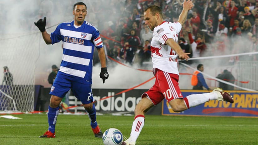 Joel Lindpere and the Red Bulls were outnumbered in midfield against FC Dallas